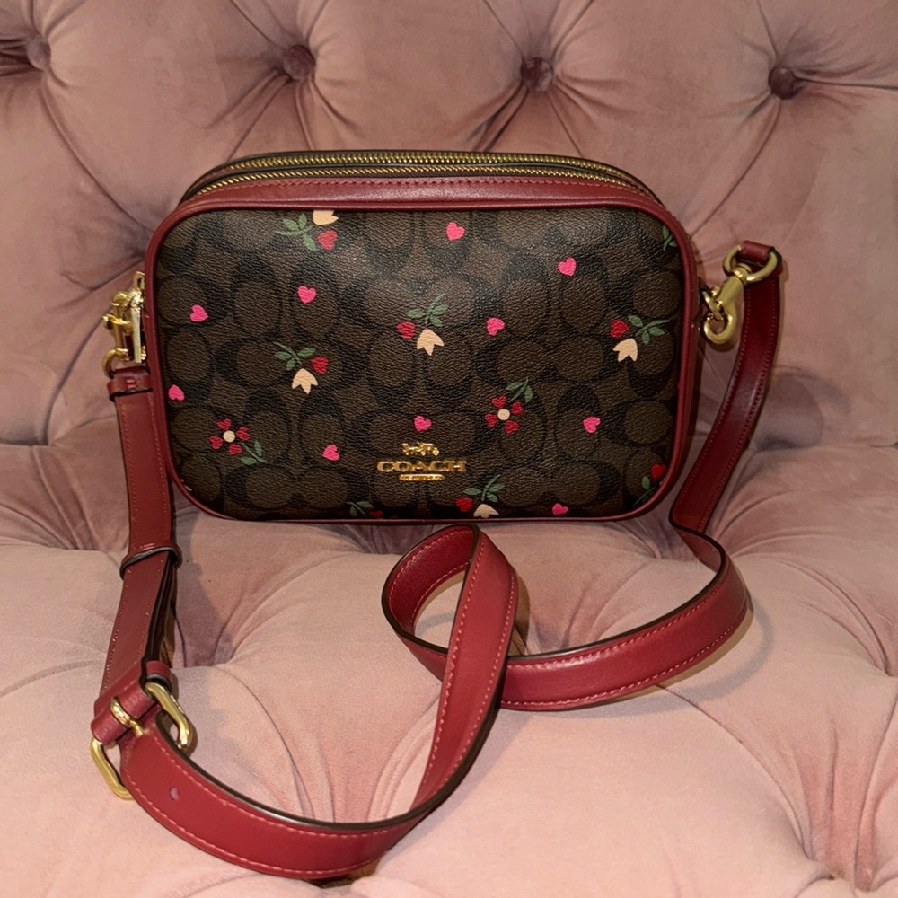 Coach Brown Signature Crossbody with Red Trim and Pink Heart Print